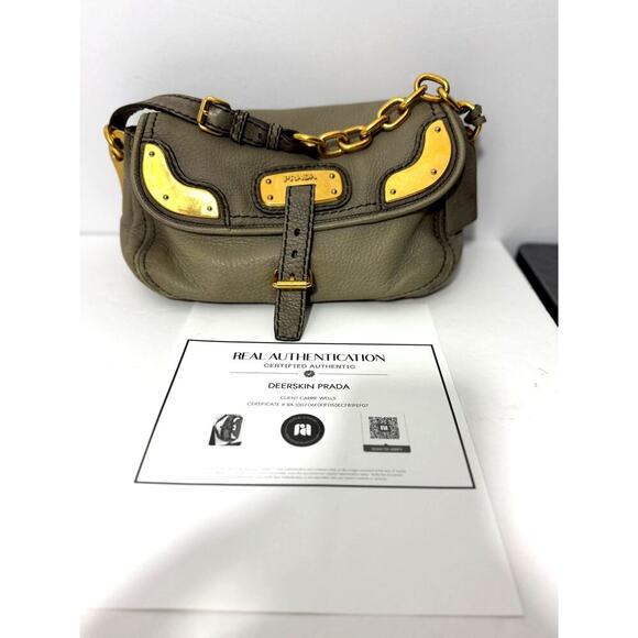 Vintage Prada Handbag Gray Deerskin Leather Cervo Flap Gold Chain COA - Picture 2 of 16